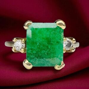 VINTAGE- Natural Emerald & Diamond Ring in 14K Yellow Gold -1.1tcw -Size 7- 2.5g